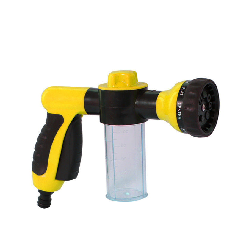 High pressure hose foam sprayer in yellow color with adjustable spray patterns and built in soap dispenser for cleaning and watering (Color: Yellow)