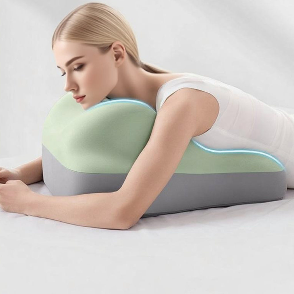 Hip raised bedside sleep cushion made with memory foam for comfortable leg and hip support while resting model shot resting on breast