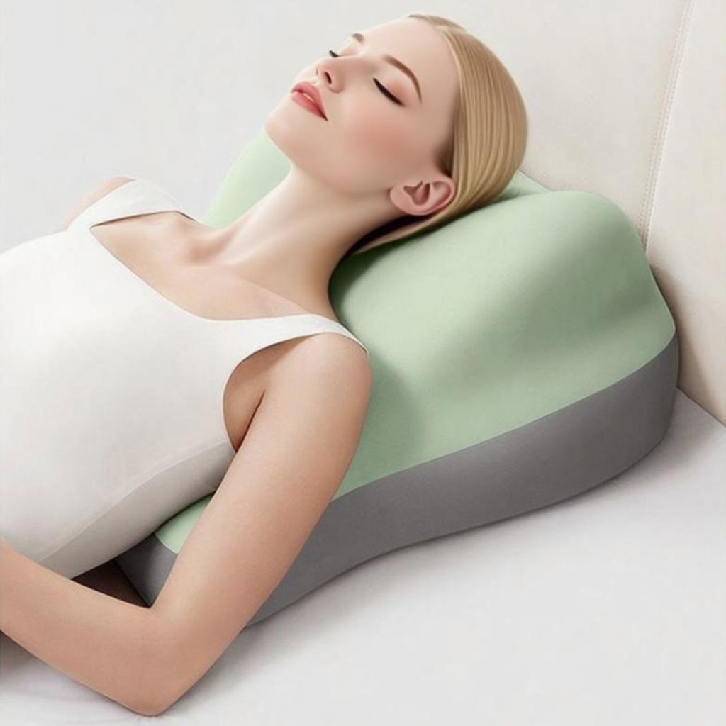 Hip raised bedside sleep cushion made with memory foam for comfortable leg and hip support while resting model shot resting on neck