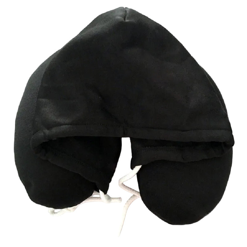 Hooded travel neck pillow in black color with memory foam for comfortable sleep on flights and trips (Color: Black)