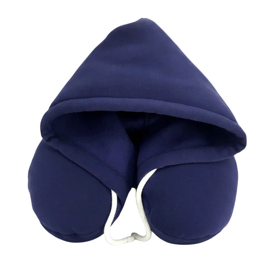 Hooded travel neck pillow in blue color with memory foam for comfortable sleep on flights and trips (Color: Blue)