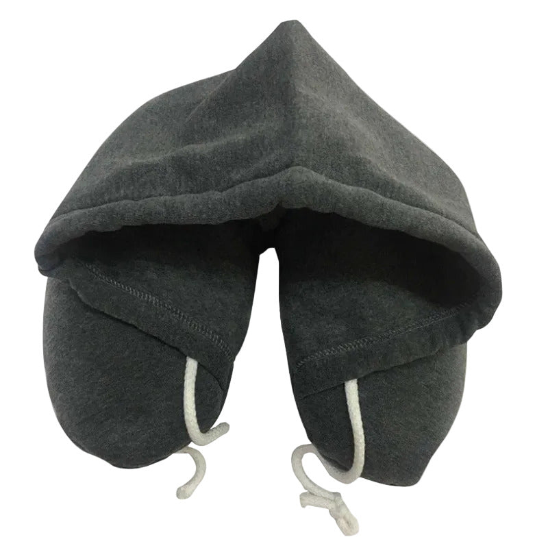 Hooded travel neck pillow in dark gray color with memory foam for comfortable sleep on flights and trips (Color: Dark Gray)