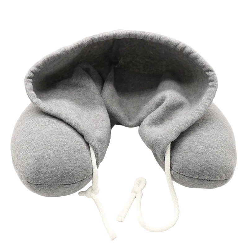 Hooded travel neck pillow in gray color with memory foam for comfortable sleep on flights and trips (Color: Gray)