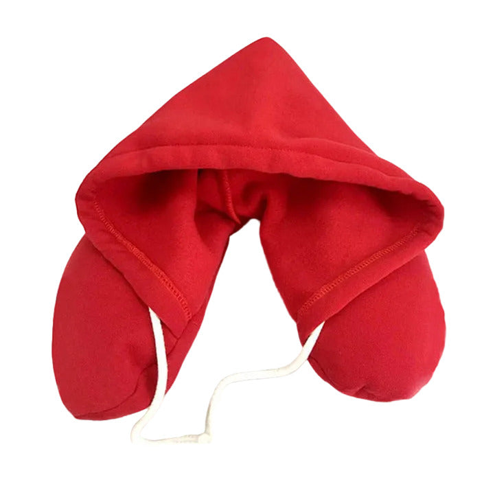 Hooded travel neck pillow in red color with memory foam for comfortable sleep on flights and trips (Color: Red)