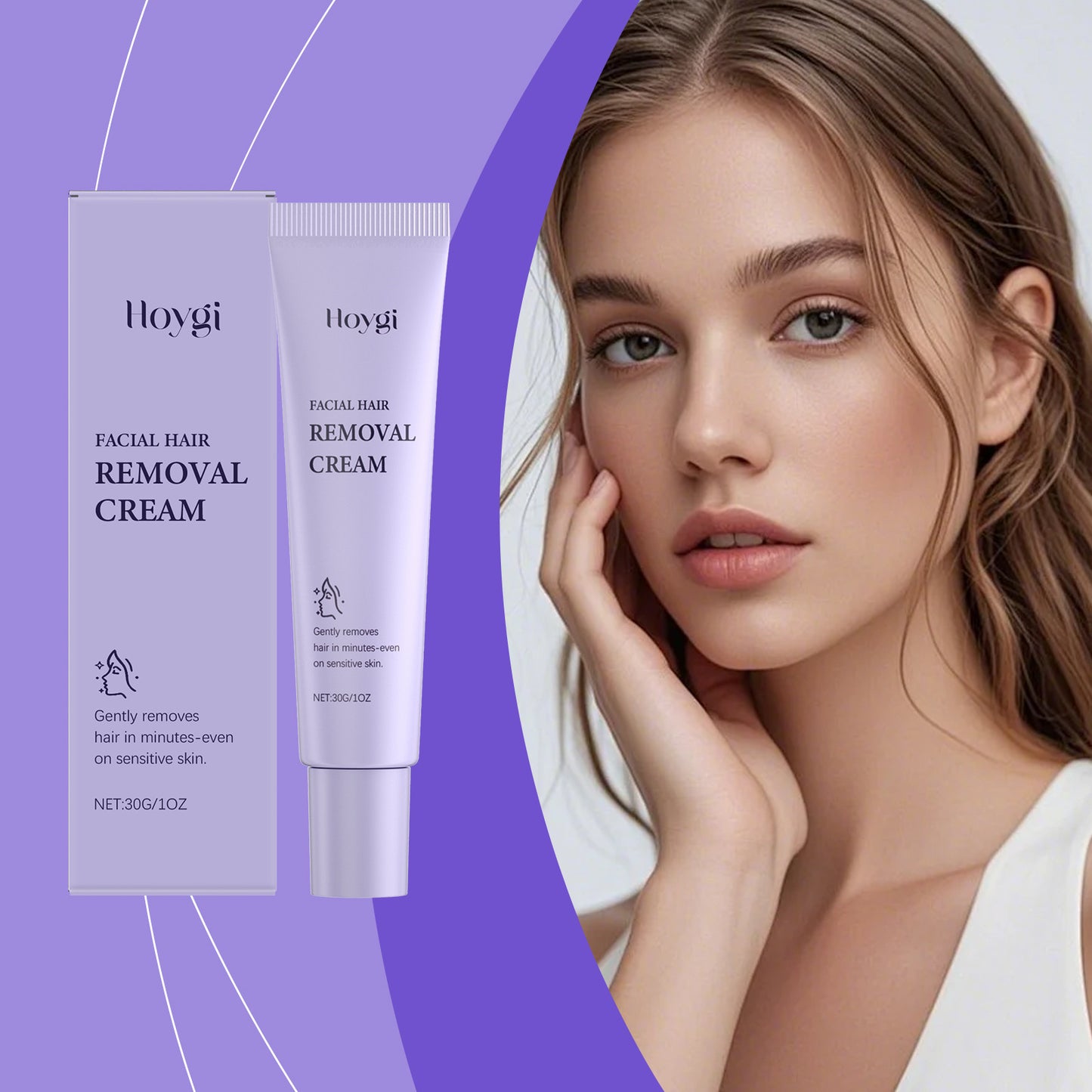 Hoygi facial hair removal cream designed to gently remove unwanted hair while moisturizing and softening skin