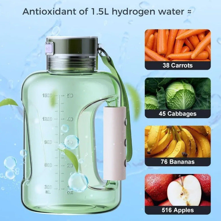 Hydrogen water bottle for enhanced hydration with rechargeable portable design depiction of antioxidant levels
