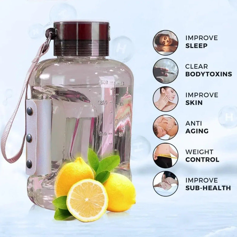 Hydrogen water bottle for enhanced hydration with rechargeable portable design depiction of benefits