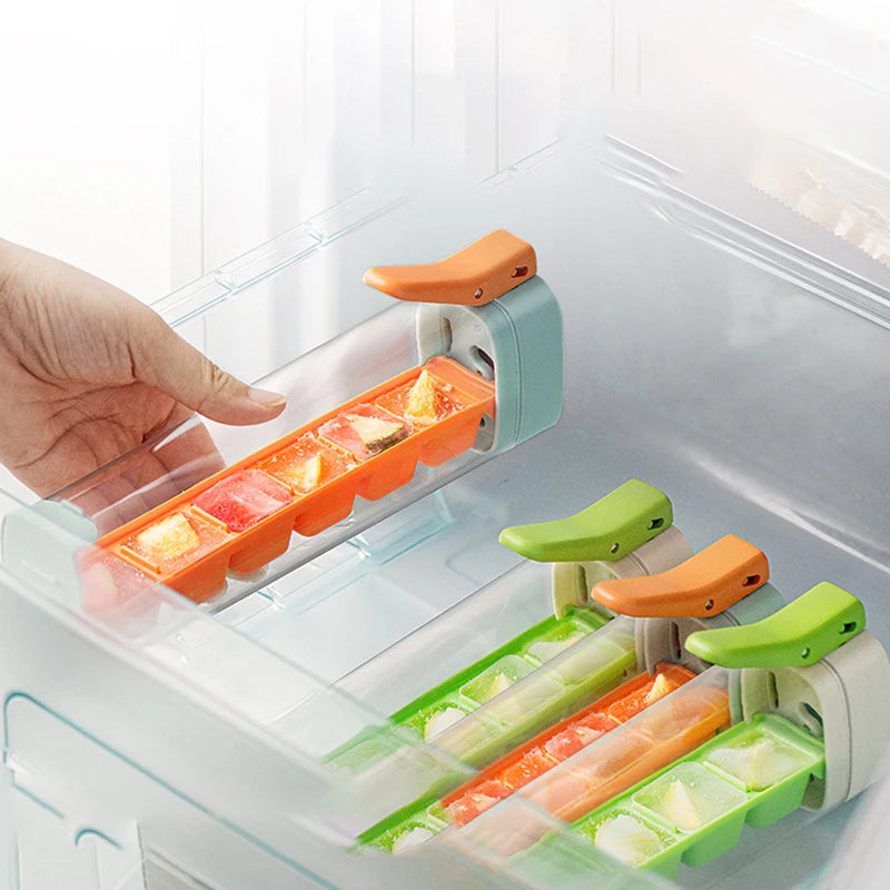 Ice cube tray with handle and press design for easy release of ice cubes depiction of storage in the freezer