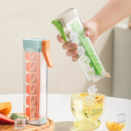 Ice cube tray with handle and press design for easy release of ice cubes depiction of ice release