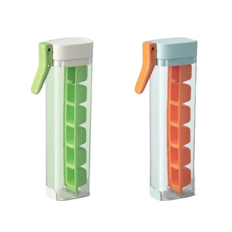 Ice cube tray in green and orange color with handle and press design for easy release of ice cubes (Color: Set (Green & Orange))