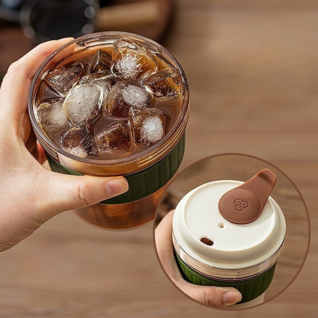 Iced coffee cup with built-in ice tray and leak-proof design for cold brew and iced drinks