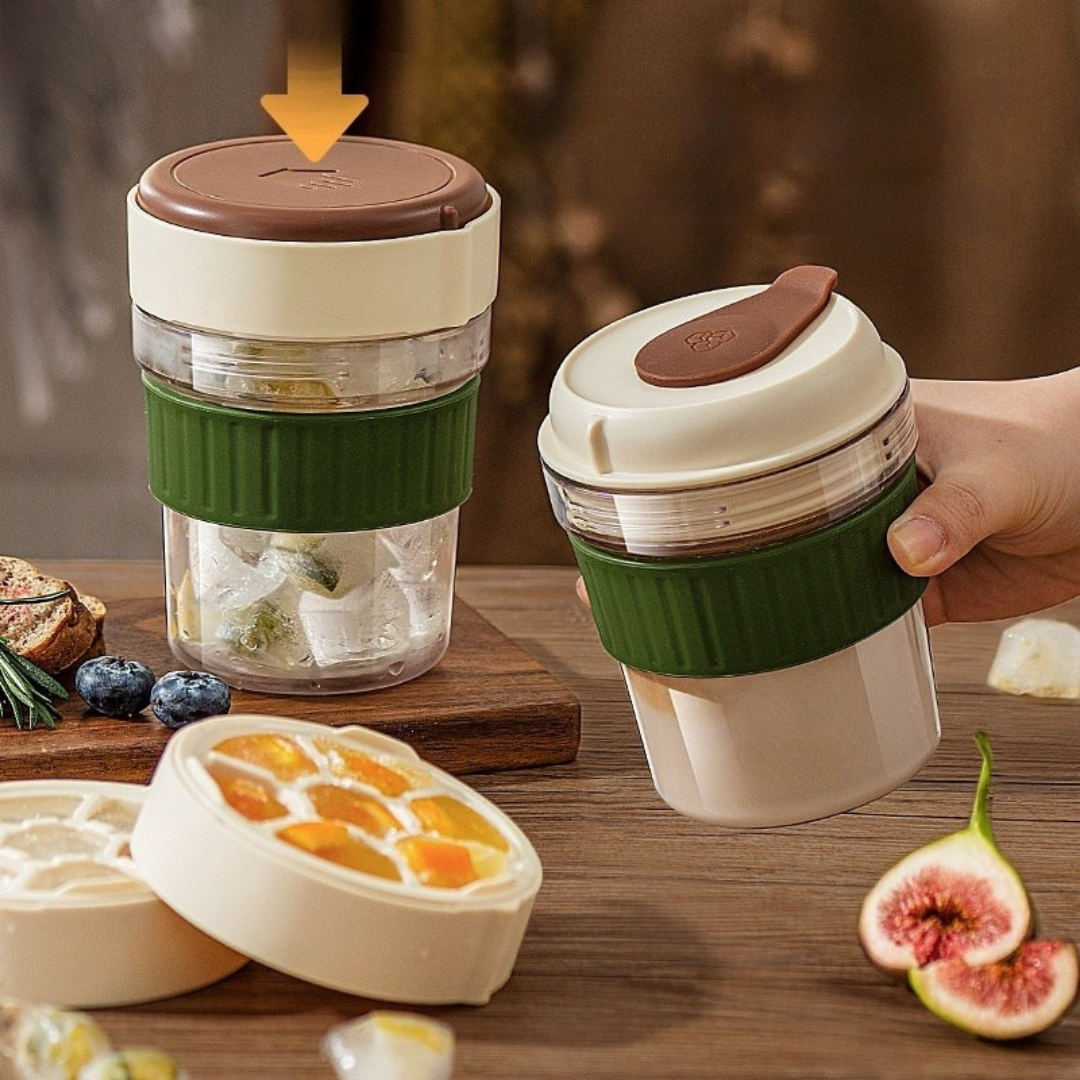 Iced coffee cup with built-in ice tray and leak-proof design for cold brew and iced drinks depiction of press area