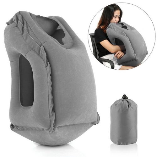 Inflatable travel sleep cushion for airplanes and cars with ergonomic upper body support