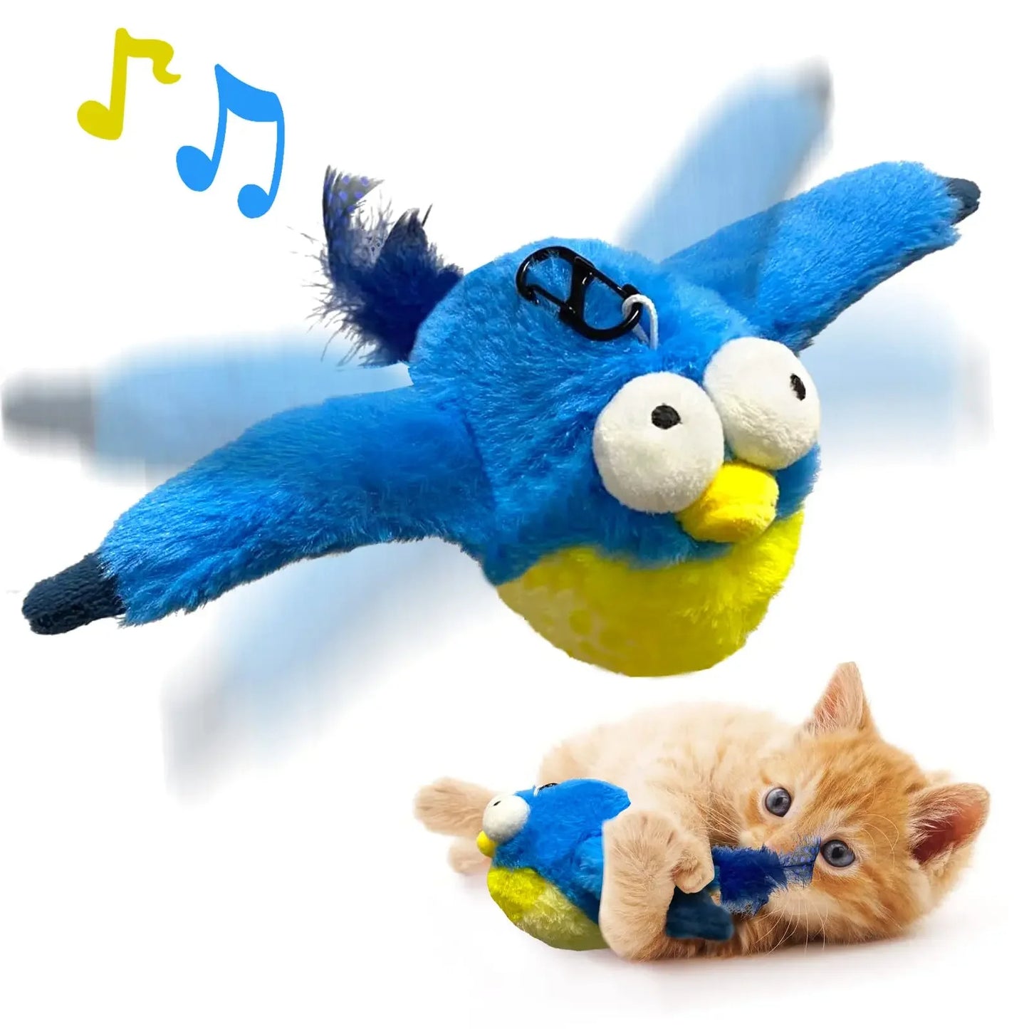 Interactive bird cat toy in blue color with flapping wings and chirping sounds for engaging cat play (Color: Blue)