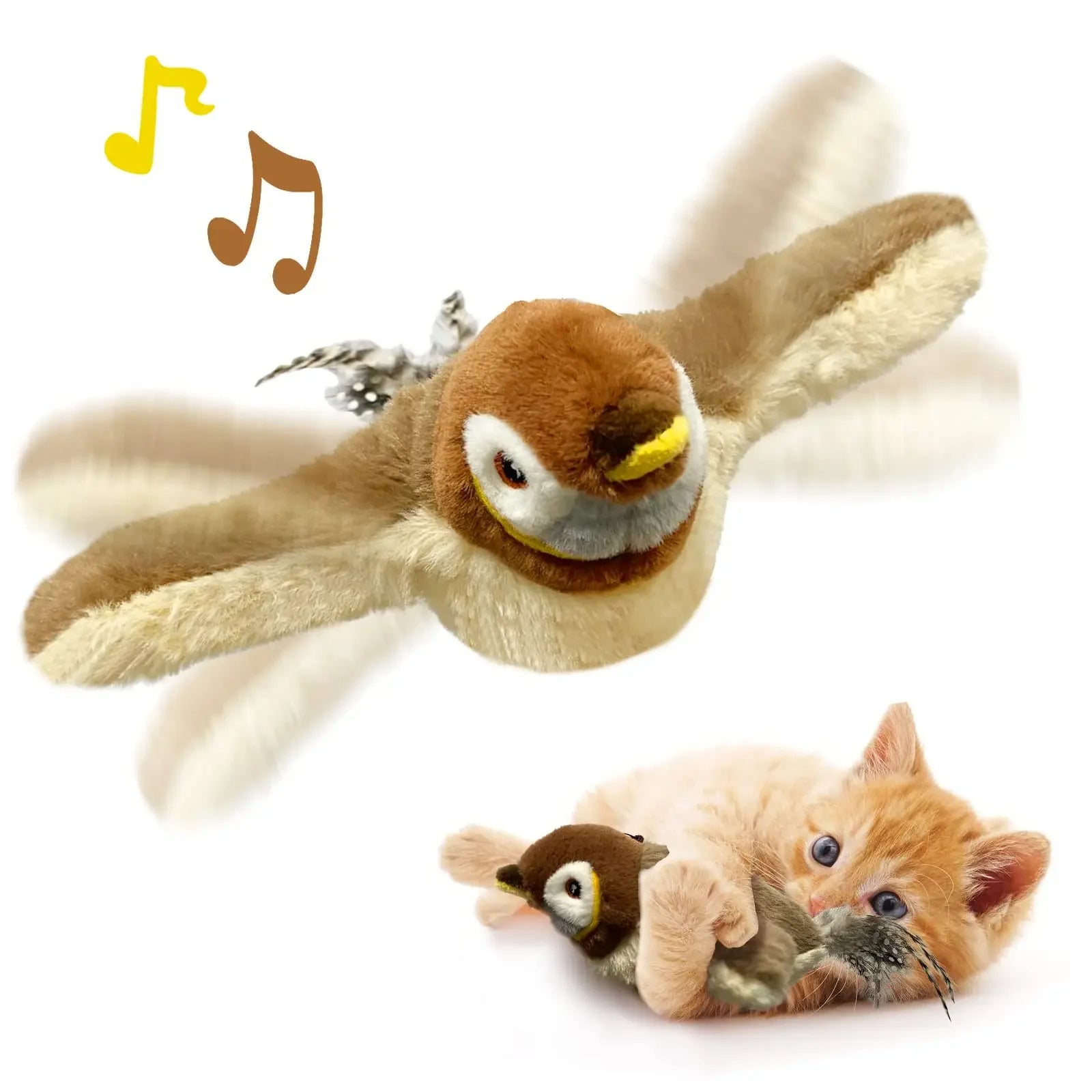 Interactive bird cat toy in brown color with flapping wings and chirping sounds for engaging cat play (Color: Brown)