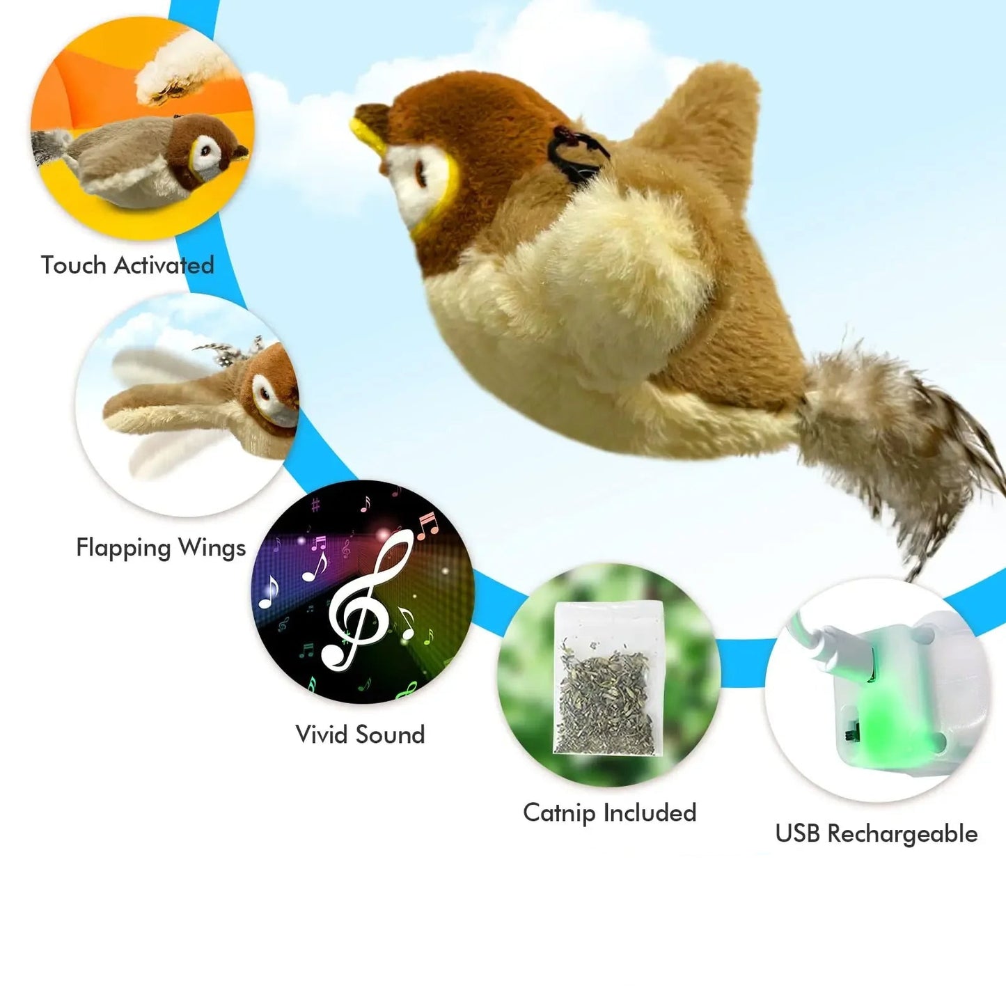 Interactive bird cat toy with flapping wings and chirping sounds for engaging cat play depiction of features