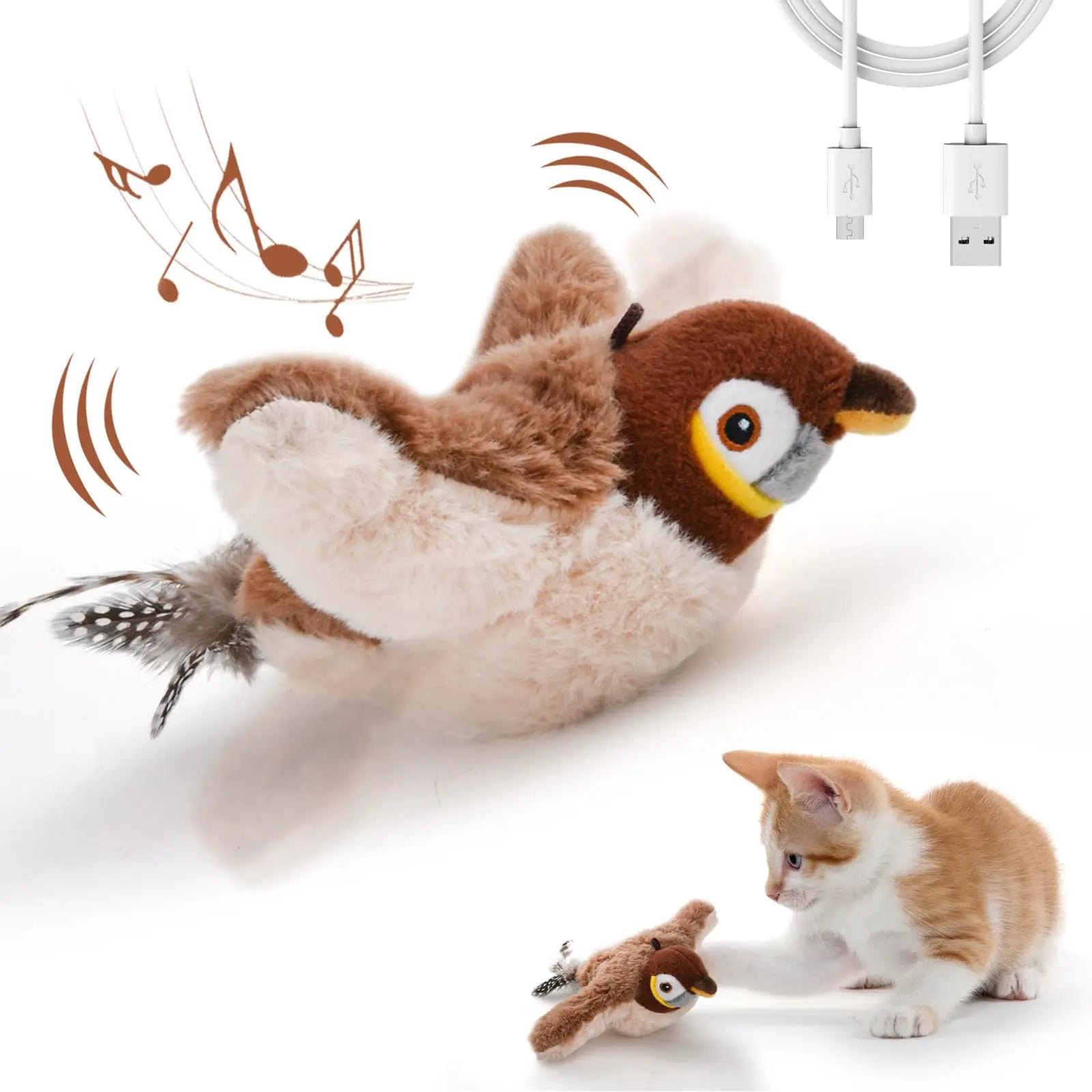 Interactive bird cat toy with flapping wings and chirping sounds for engaging cat play