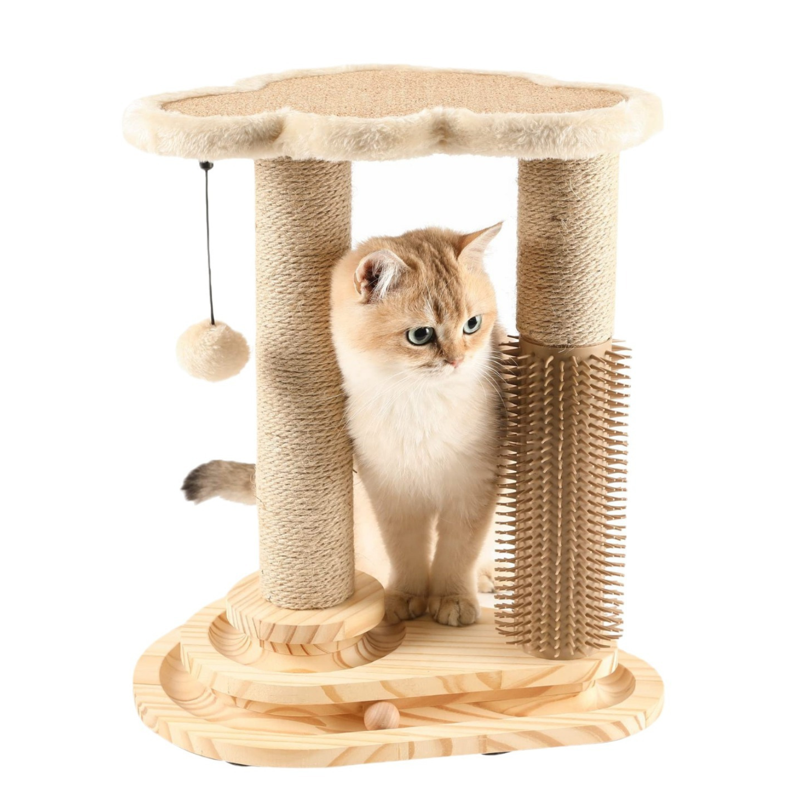 Interactive cat scratching post with sisal scratcher ball track and self groomer for indoor cats