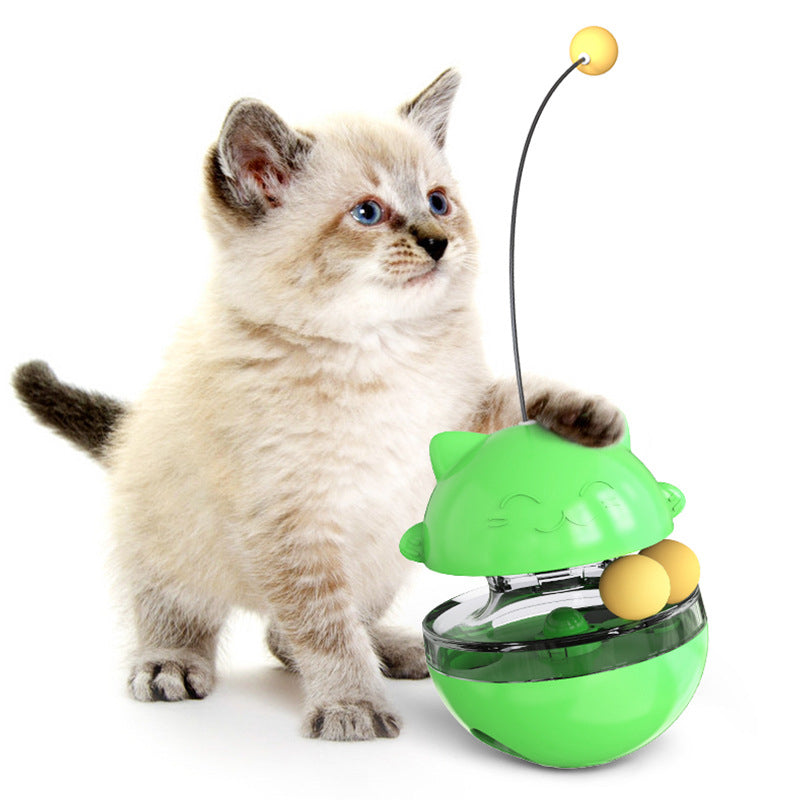Interactive cat treat ball toy in green color that dispenses food for play and mental stimulation (Color: Green)