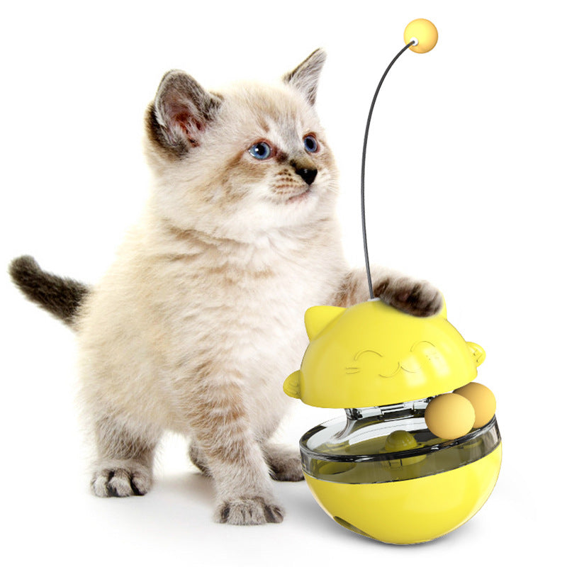 Interactive cat treat ball toy in yellow color that dispenses food for play and mental stimulation (Color: Yellow)