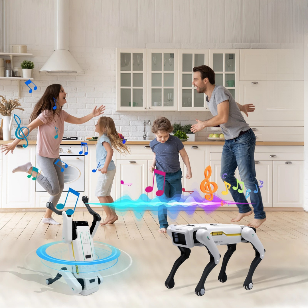 Interactive robot dog with voice control and programmable actions for kids play and learning depiction of family playing and having fun with the robot