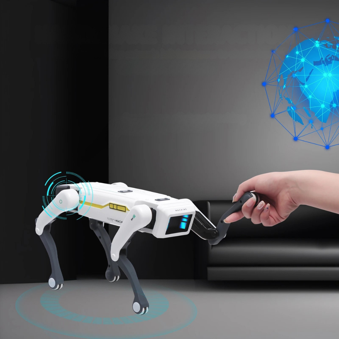 Interactive robot dog with voice control and programmable actions for kids play and learning depiction of handshaking