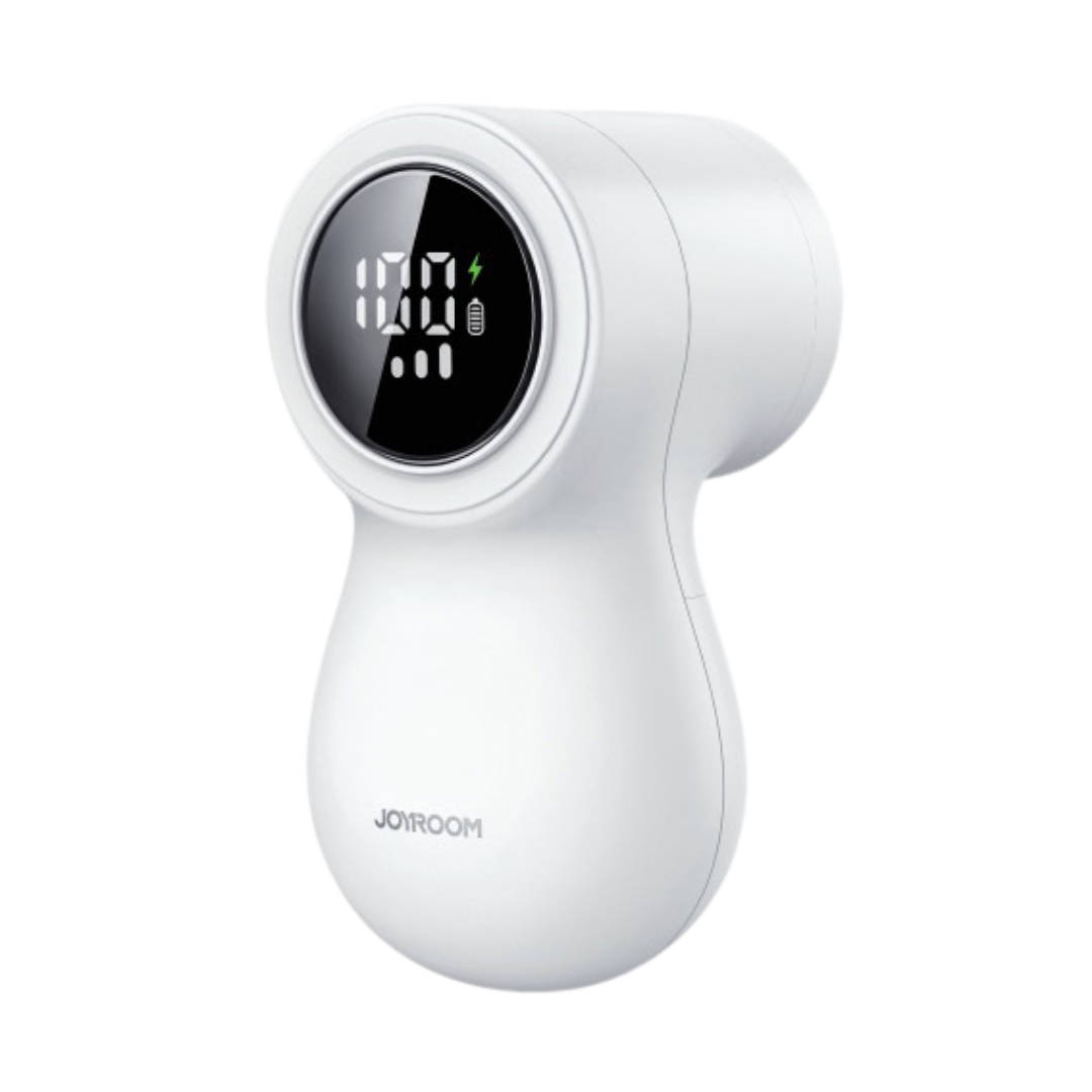 JOYROOM rechargeable lint remover and fabric trimmer in white color with digital display for removing fuzz from clothing (Color: White)