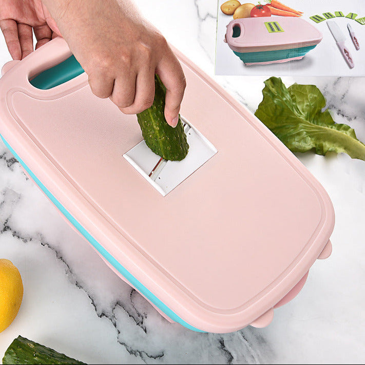 Kitchen washing and draining basket with built-in cutting board designed for rinsing, draining, and food prep