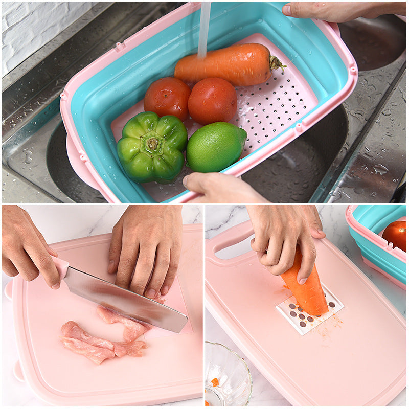 Kitchen washing and draining basket with built-in cutting board designed for rinsing, draining, and food prep depiction of use cases