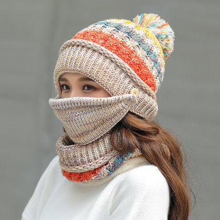 Korean style knit winter beanie in beige color with striped pattern designed for warmth and casual cold-weather wear (Color: Beige)