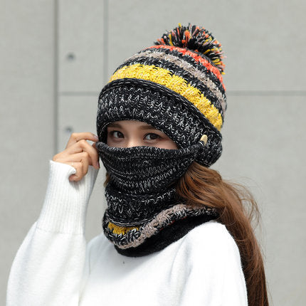 Korean style knit winter beanie in black color with striped pattern designed for warmth and casual cold-weather wear (Color: Black)