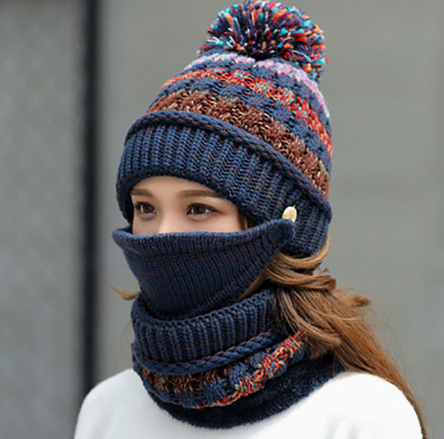 Korean style knit winter beanie in blue color with striped pattern designed for warmth and casual cold-weather wear (Color: Blue)