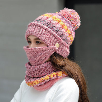 Korean style knit winter beanie in pink color with striped pattern designed for warmth and casual cold-weather wear (Color: Pink)