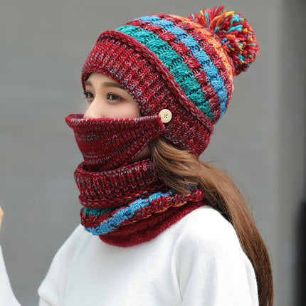 Korean style knit winter beanie in red color with striped pattern designed for warmth and casual cold-weather wear (Color: Red)