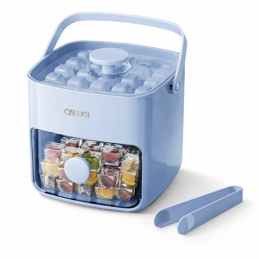 Large capacity ice cube maker tray in blue color with press release design for easy ice making and storage (Color: Blue)