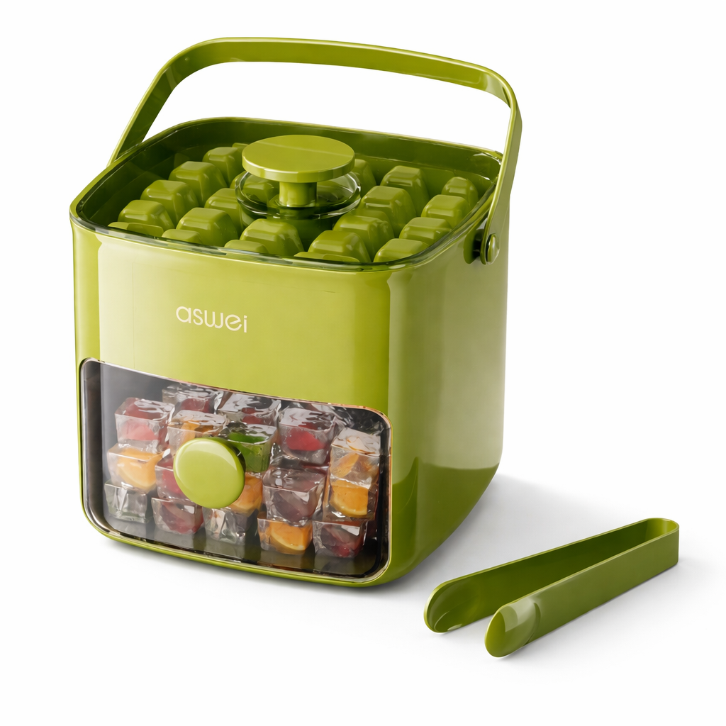 Large capacity ice cube maker tray in green color with press release design for easy ice making and storage (Color: Green)