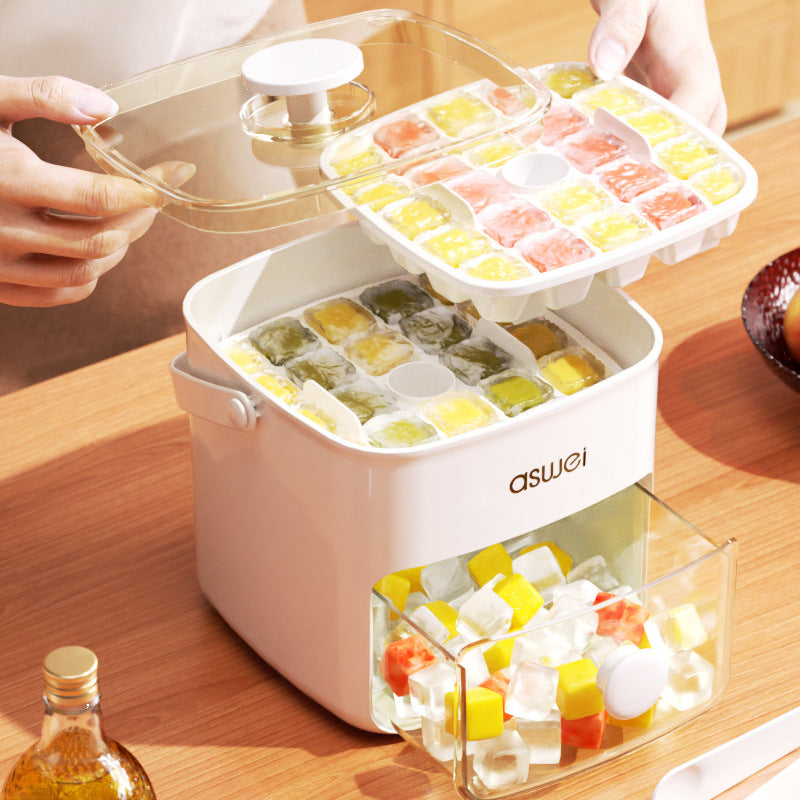Large capacity ice cube maker tray with press release design for easy ice making and storage depiction of usage