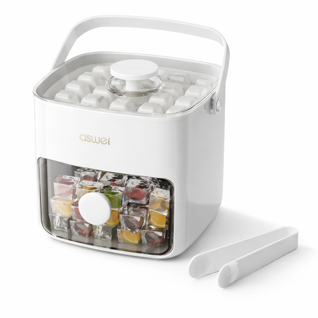 Large capacity ice cube maker tray in white color with press release design for easy ice making and storage (Color: White)