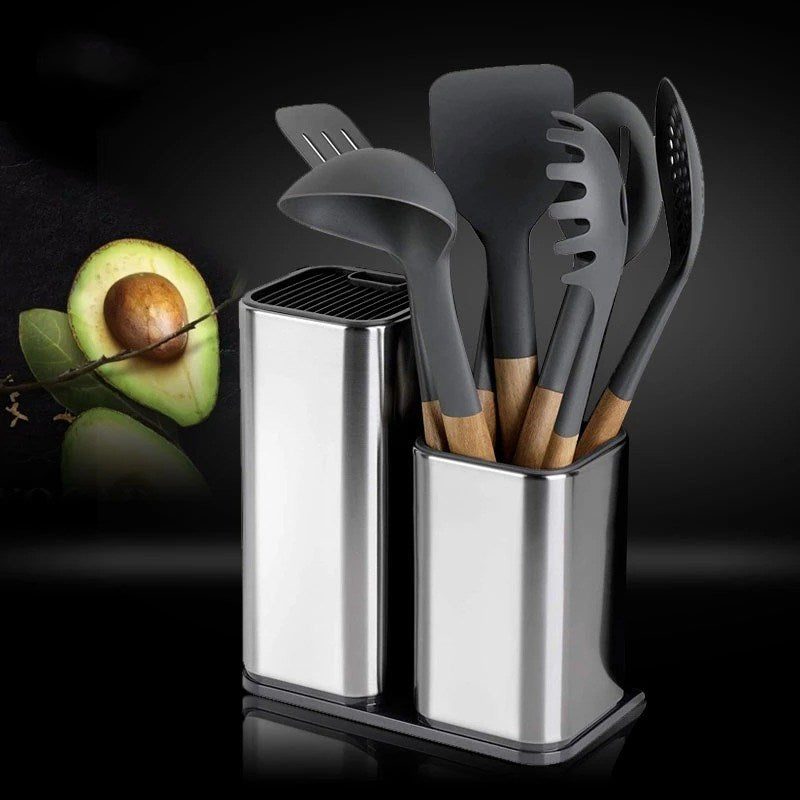 Large capacity kitchen tool holder for organizing knives, utensils, and cutting boards on the countertop