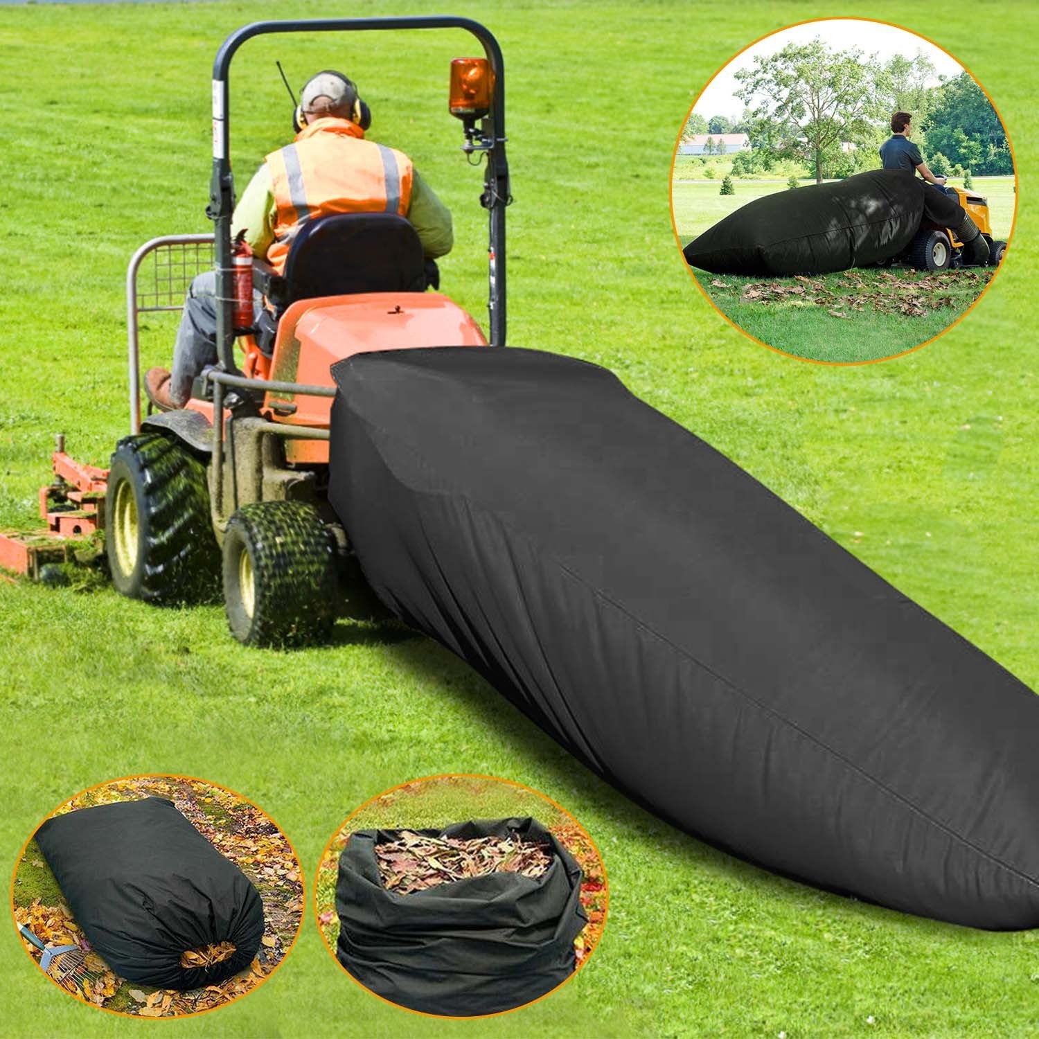 Lawn tractor leaf collection bag with large capacity for collecting leaves and garden waste with riding mowers depiction of use alternate shot