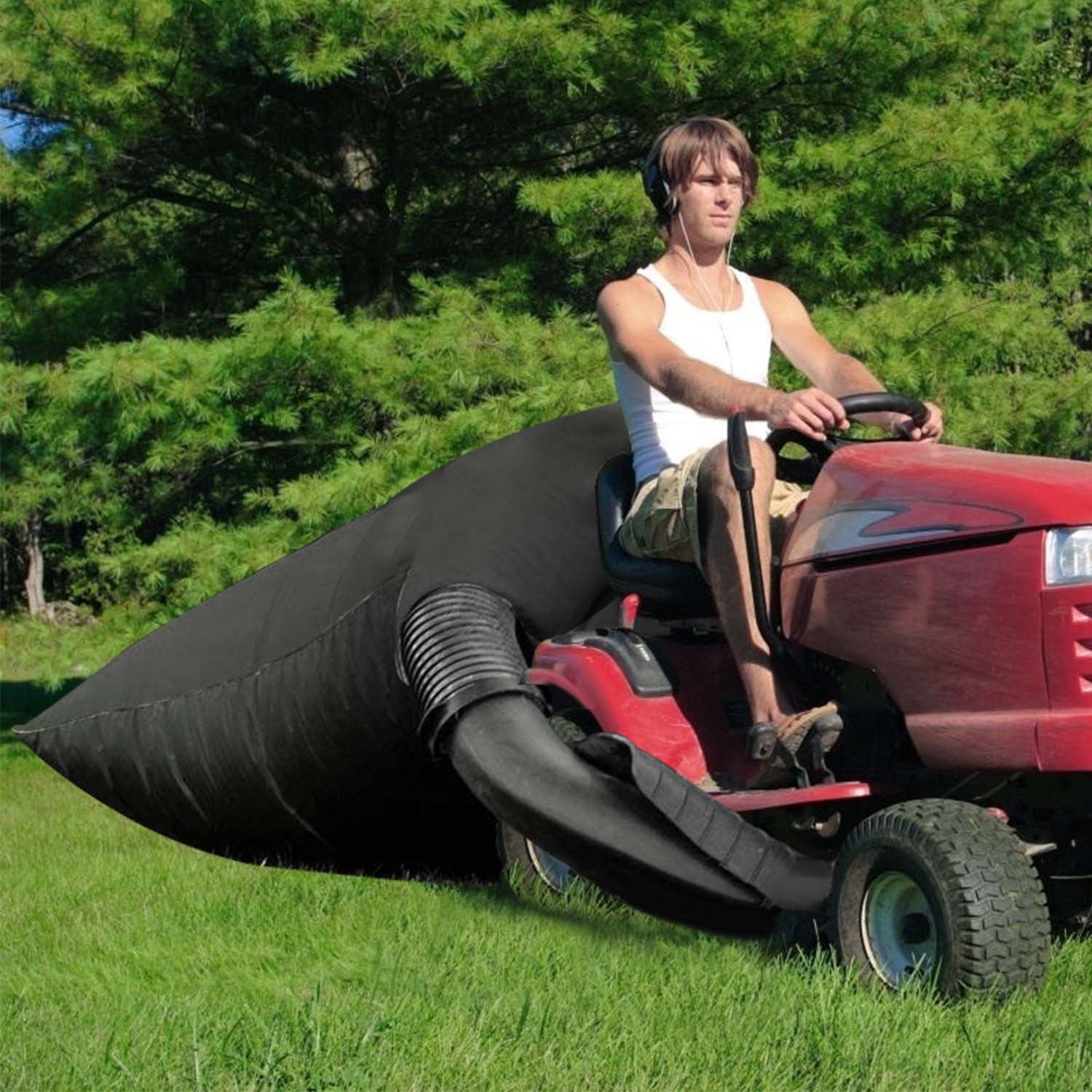 Lawn tractor leaf collection bag with large capacity for collecting leaves and garden waste with riding mowers depiction of use