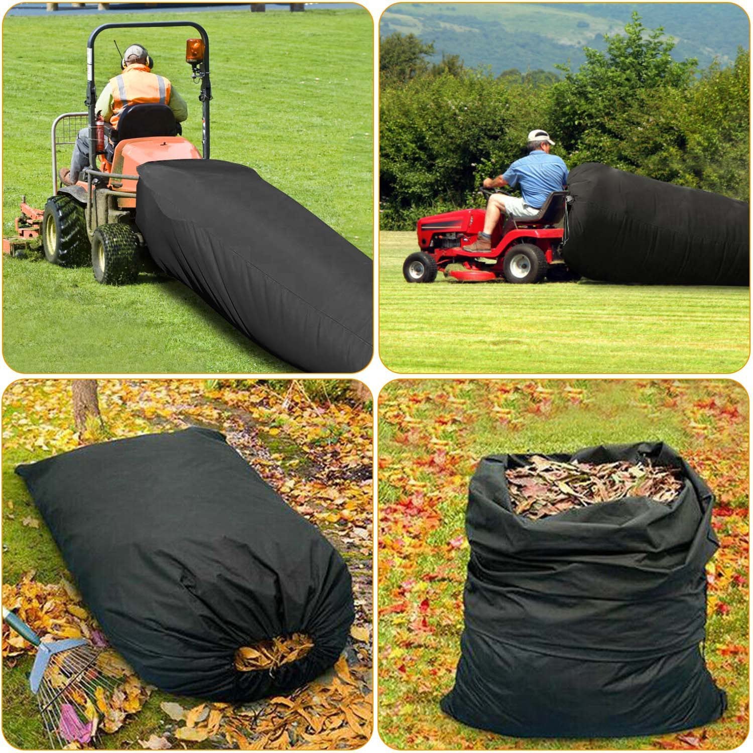 Lawn tractor leaf collection bag with large capacity for collecting leaves and garden waste with riding mowers depiction of use various alternate shots