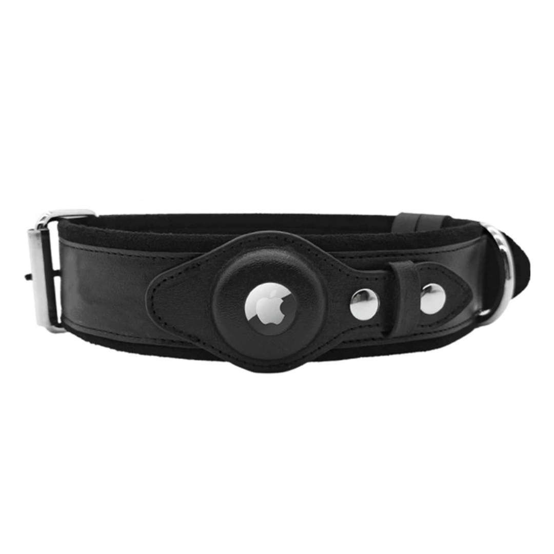 Leather dog collar in black color compatible with apple airtag for pet tracking and safety (Color: Black)