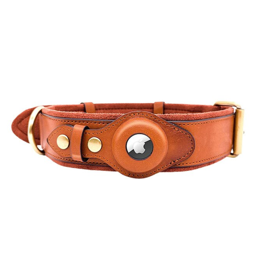 Leather dog collar in brown color compatible with apple airtag for pet tracking and safety (Color: Brown)
