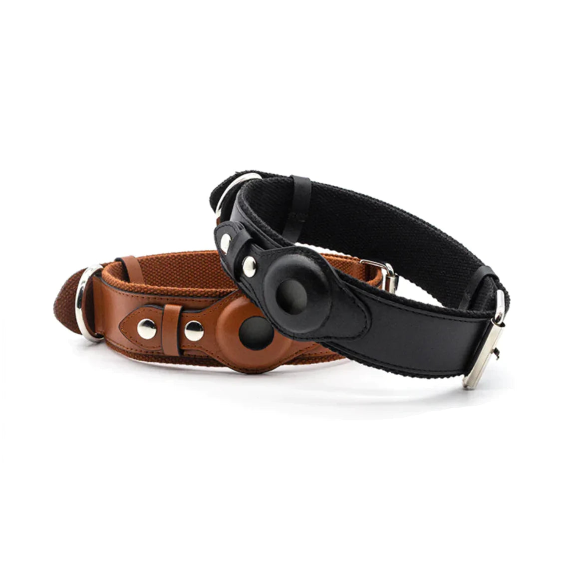 Leather dog collar compatible with apple airtag for pet tracking and safety duo