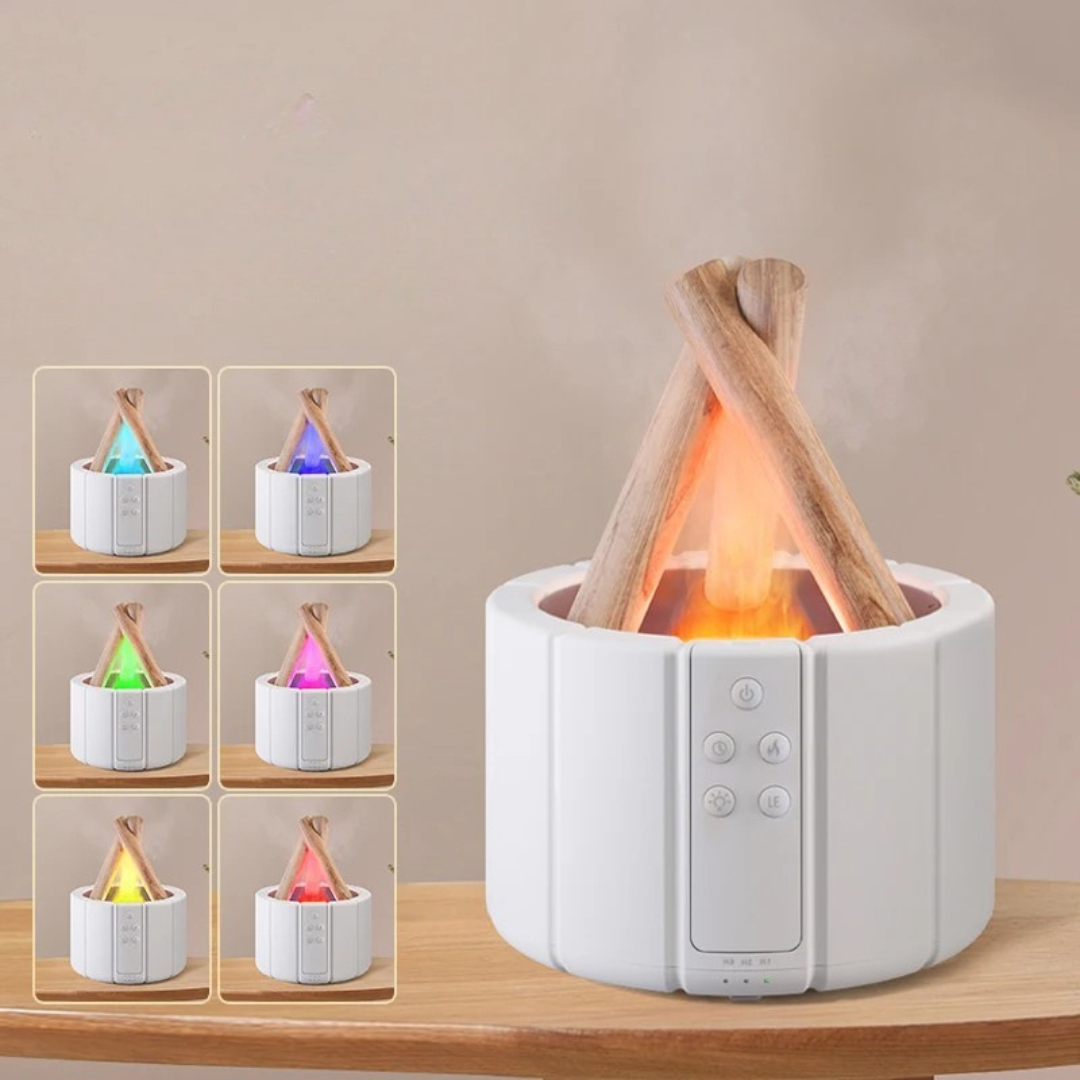 LED bonfire diffuser with flame effect mist 7 color lighting and remote control depiction of 7 LED colors