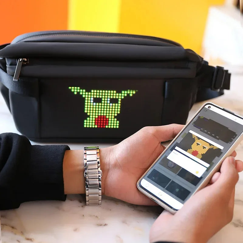 LED display sling bag with customizable pixel screen and bluetooth connectivity depiction of customizing display from a mobile phone