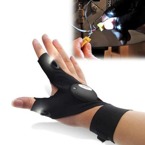LED flashlight gloves with fingertip lights for hands free work in low light conditions depiction of use
