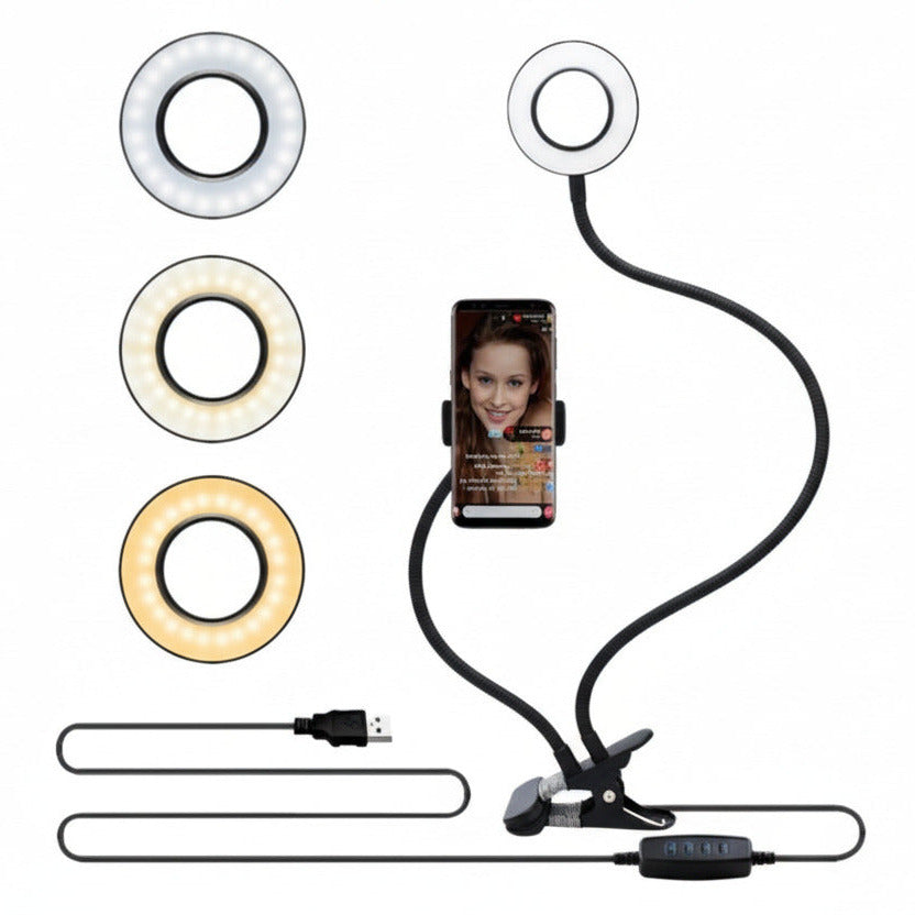 LED selfie ring light with adjustable stand and phone holder in black color designed for makeup lighting, video calls, and photography (Color: Black)