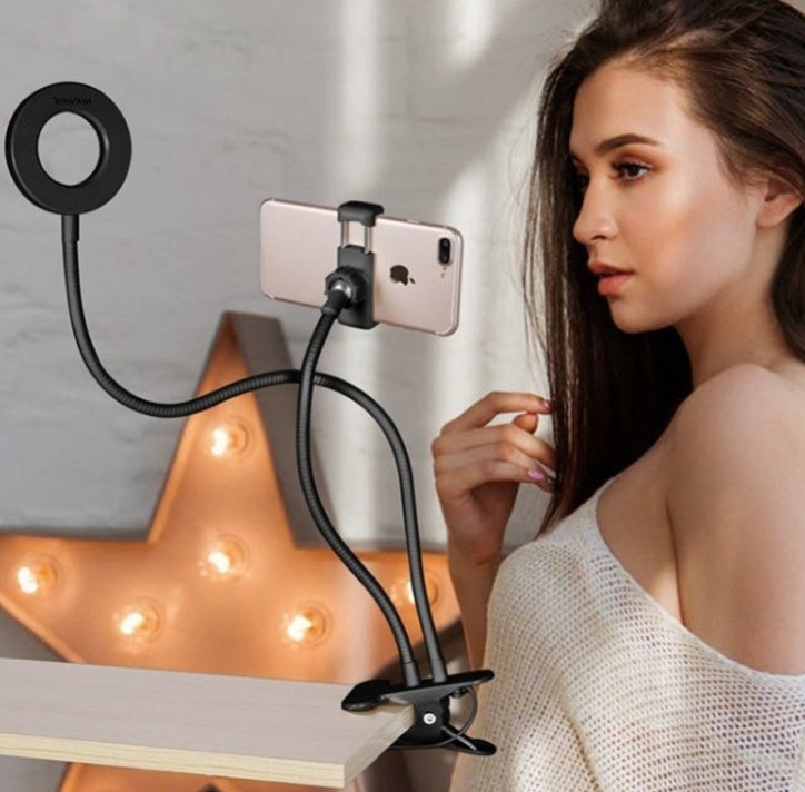 LED selfie ring light with adjustable stand and phone holder designed for makeup lighting, video calls, and photography